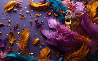 ai generato colorato piume su un' viola sfondo di carnevale maschere. foto