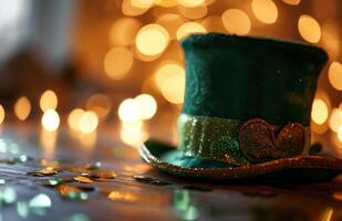 ai generato verde st Patrick cappello su un' tavolo bokeh. foto