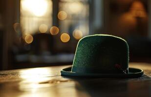ai generato un Immagine di un' verde cappello su il tavolo con un' d'oro sfondo foto