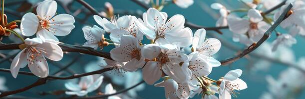 ai generato ciliegia fiorire nel primavera nel natura su blu sfondo foto