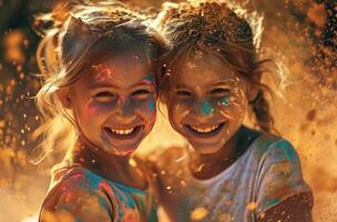 ai generato Due ragazze sorridente e indossare colorato in polvere dipingere. foto