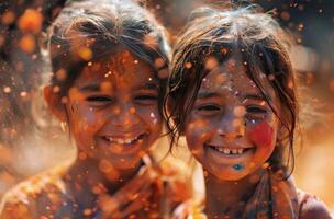 ai generato Due ragazze sorridente e indossare colorato in polvere dipingere. foto