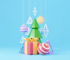 design 3d di capodanno e natale. scatola regalo realistica, abete natalizio, palla, caramelle ed elementi decorativi banner per le vacanze. Immagine di rendering 3D delle vacanze di Natale foto