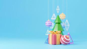 design 3d di capodanno e natale. scatola regalo realistica, abete natalizio, palla, caramelle ed elementi decorativi banner per le vacanze. Immagine di rendering 3D delle vacanze di Natale foto