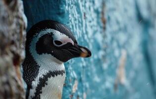 ai generato un' piccolo pinguino sembra attraverso un' blu parete foto