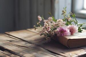 ai generato un' di legno tavolo con fiori e un' libro foto