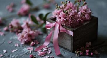 ai generato un' piccolo di legno scatola detiene fiore con un' rosa nastro foto