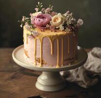 ai generato un elegante rosa torta con fiori su superiore foto