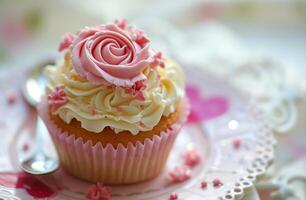 ai generato carino san valentino Cupcake con rosa Rose foto