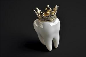 ai generato salutare dente con d'oro corona. isolato su nero foto