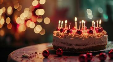 ai generato contento compleanno torta con candele con rosso palle su bokeh foto
