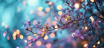 ai generato Natale luci e raggiante bokeh su colorato sfondo foto
