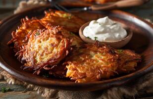 ai generato fatti in casa latkes con un' ciuffo di acida crema e un' tuffo foto