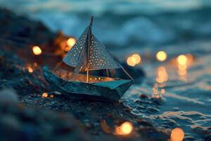ai generato carta barca con carta vela su il spiaggia a tramonto, foto