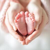 ai generato bambino piedi nel madre mani su il letto a casa, mamma e sua bambino, Salute cura e contento famiglia concetto, generativo ai foto