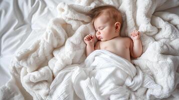 ai generato bambino addormentato su il bianca letto a casa, bellissimo concettuale Immagine di maternità, generativo ai foto