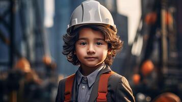 ai generato giovane bambino ragazzo indossare costruzione lavoratore con costruzione sicurezza cappello piace architetto nel davanti di un' città, concettuale di immaginazione e sognare carriera, generativo ai foto