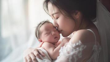 ai generato bambino cura con madre e sua bambino, madre Abbracciare una persona sua neonato, Salute cura e contento famiglia concetto, generativo ai foto