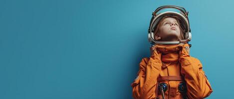 ai generato giovane ragazza nel un' tuta spaziale piace il cosmonauta isolato su blu bandiera sfondo, concettuale di immaginazione e sognare carriera, generativo ai foto