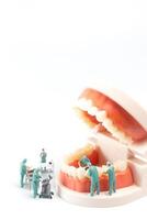 miniatura persone , dentista riparazione umano denti con gengive e smalto foto