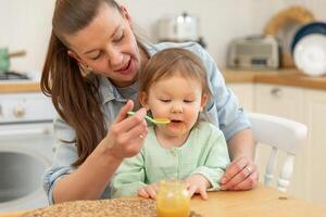 contento famiglia a casa. madre alimentazione sua bambino ragazza a partire dal cucchiaio nel cucina. poco bambino piccolo bambino con disordinato divertente viso mangia salutare cibo a casa. giovane donna mamma dando cibo per ragazzo figlia foto