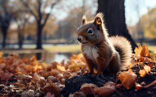 autunno serenità città parco coperto nel caduto le foglie con scoiattolo raccolta ghiande foto