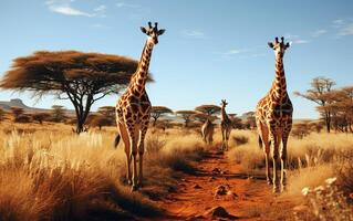 savana armonia giraffe tra acacia alberi su il africano pianure foto