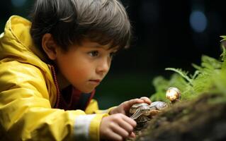 esplorando miniatura mondi ragazzo assorto nel osservando un' lumaca foto