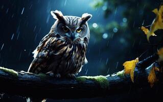 mistico notte orologio maestoso gufo arroccato su un' piovoso ramo foto