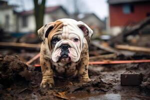 ai generato solo bagnato e sporco bulldog dopo disastro su il sfondo di Casa macerie, neurale Rete generato Immagine foto