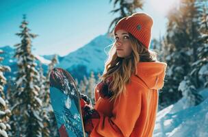 ai generato il donna è in posa nel un' con un' Snowboard foto