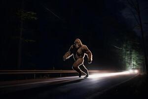 ai generato bigfoot in esecuzione lungo interstatale foresta strada a notte nel leggero di auto fari, neurale Rete generato fotorealistico Immagine foto