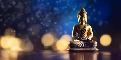 ai generato Budda nel un' loto posizione piccolo statua nel buio religioso riflessivo ambiente con bokeh, neurale Rete generato Immagine foto