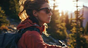 ai generato giovane donna indossare occhiali da sole mentre su sua bicicletta foto