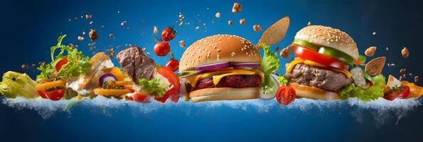 ai generato hamburger volante su blu sfondo, neurale Rete generato fotorealistico Immagine foto