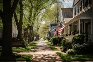 ai generato quartiere. Stati Uniti d'America bandiera agitando su un' silenzioso principale strada con americano sognare case, neurale Rete generato fotorealistico Immagine foto