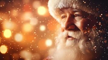 ai generato Santa Claus viso avvicinamento con sfocato arancia luccichio bokeh copia spazio sfondo , neurale Rete generato Immagine foto