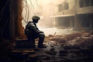 ai generato un' soldato seduta nel davanti di un' rovinato città strada campo di battaglia a piovoso giorno, neurale Rete generato fotorealistico Immagine foto