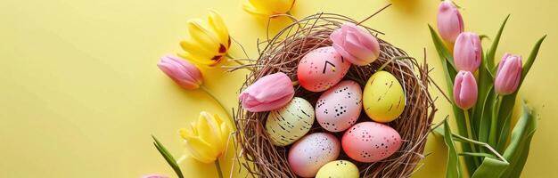 ai generato colorato Pasqua uova e colorato tulipani nel Pasqua nido su giallo foto