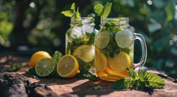 ai generato Due barattoli con Limone, lime e menta ghiacciato tè foto