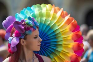 ai generato adulto caucasico donna con colorato arcobaleno fan durante gay orgoglio parata nel europeo città a giorno, neurale Rete generato fotorealistico Immagine foto