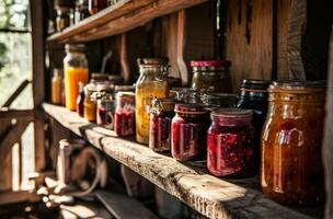 ai generato vario barattoli di diverso tipi di marmellata siamo su il mensola foto