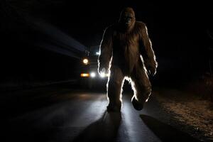 ai generato bigfoot in esecuzione lungo interstatale foresta strada a notte nel leggero di auto fari, neurale Rete generato fotorealistico Immagine foto