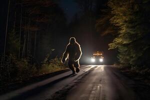 ai generato bigfoot in esecuzione lungo interstatale foresta strada a notte nel leggero di auto fari, neurale Rete generato fotorealistico Immagine foto