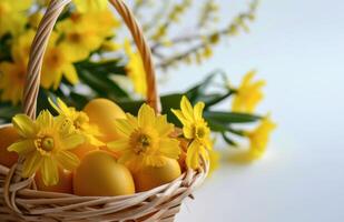 ai generato Pasqua cesti con colorato fiori e giallo uova su bianca foto