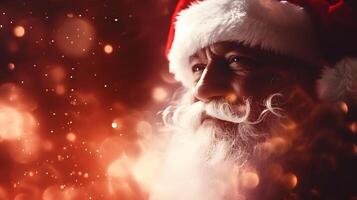 ai generato Santa Claus viso avvicinamento con sfocato luccichio bokeh copia spazio sfondo, neurale Rete generato Immagine foto