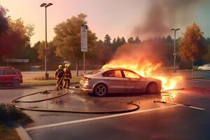 ai generato un' auto è su fuoco nel un' parcheggio lotto a estate sera, neurale Rete generato Immagine foto