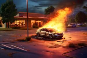 ai generato un' auto è su fuoco nel un' parcheggio lotto a estate notte, neurale Rete generato Immagine foto