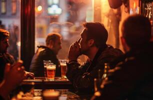 ai generato uomini potabile birre insieme nel un' pub foto