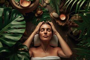 ai generato donna ottenere sua testa massaggio nel un' terme ambiente foto